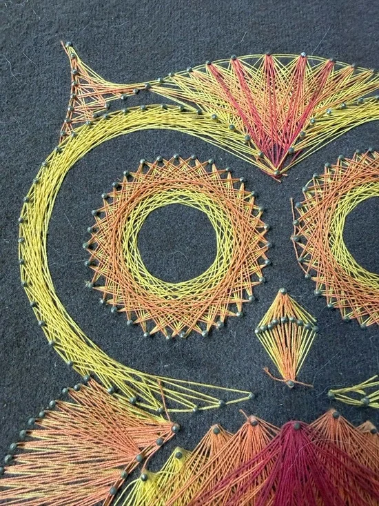 Vintage Handcrafted Owl String Art Wall Decor Yellow & Orange MCM - Picture 4 of 9